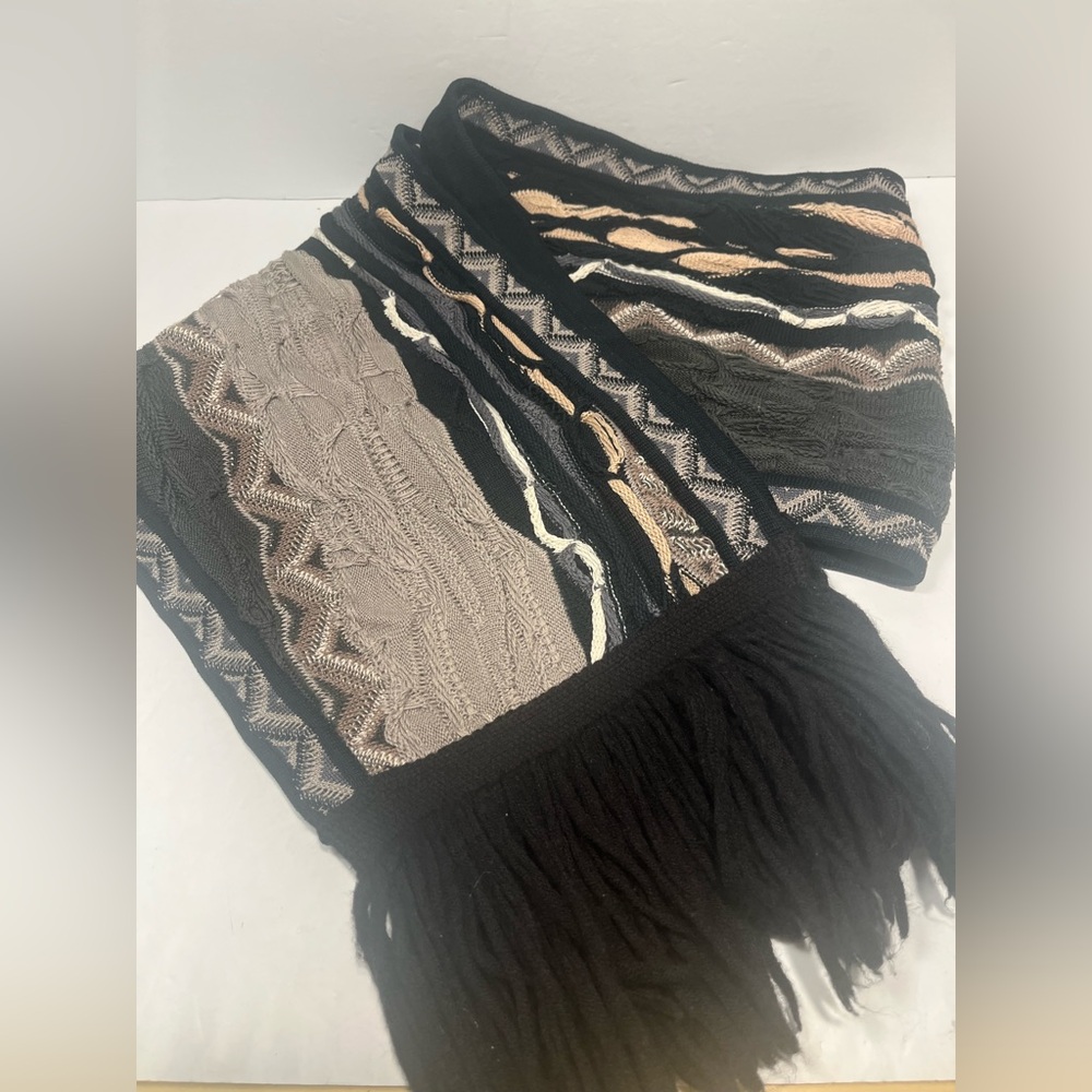 COOGI Australia 100% Cotton Scarf Black Gray 3D Knit Fringe VTG